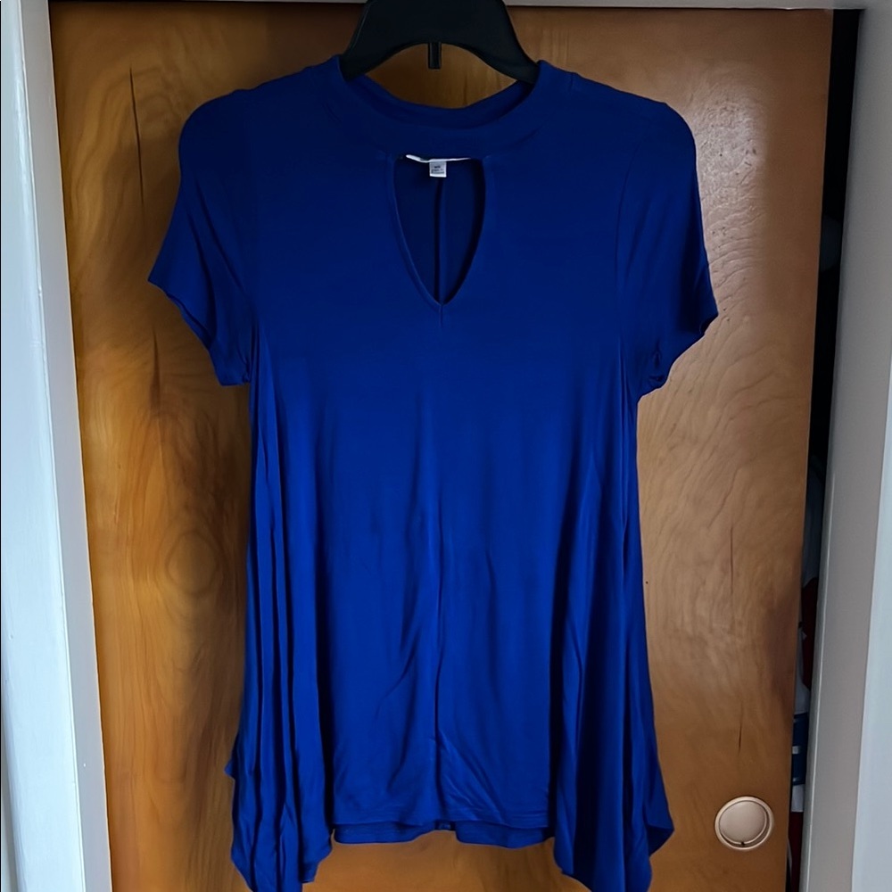 Jennifer Lopez Blue Asymmetrical Cut Out Blouse